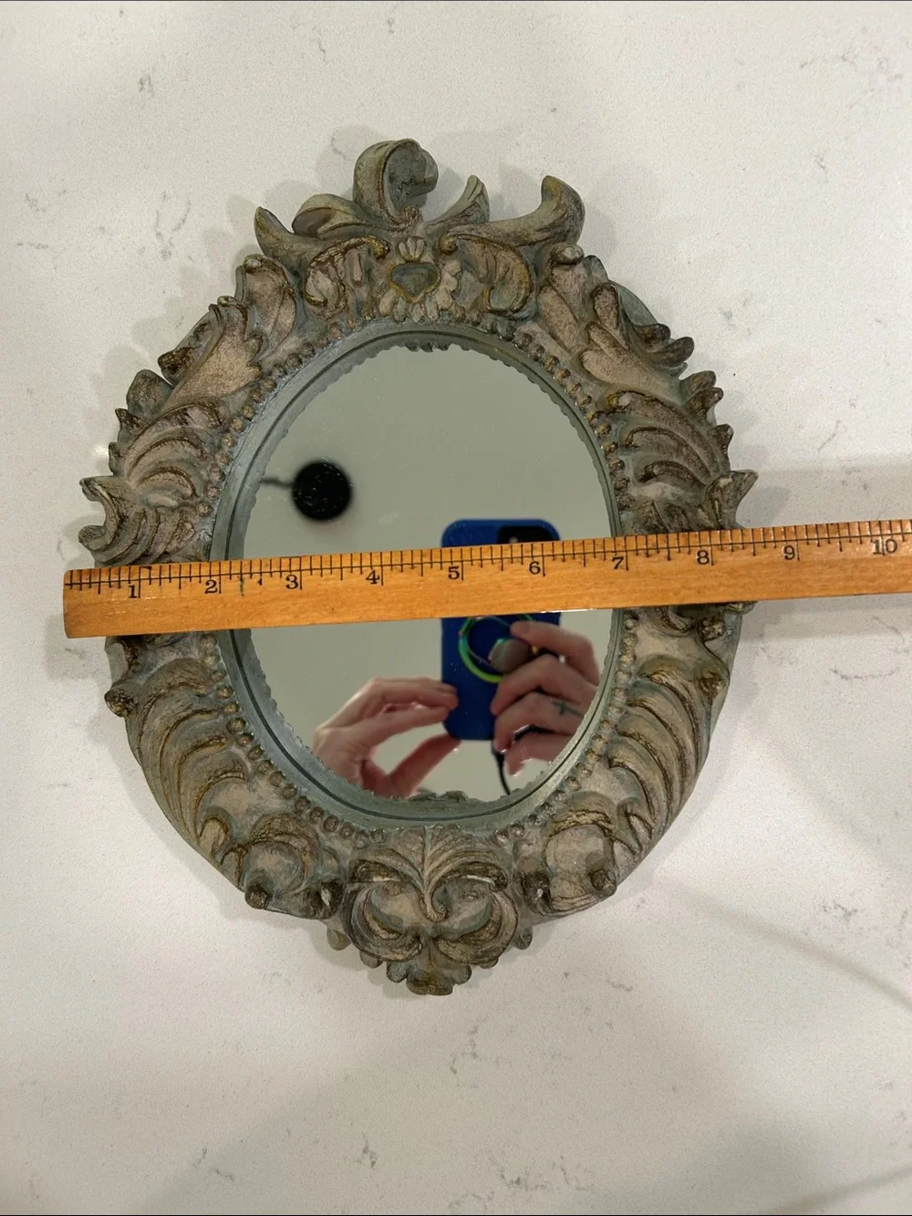 Ornate Vintage-Style Wall Mirror in Distressed Gray-green solid wood